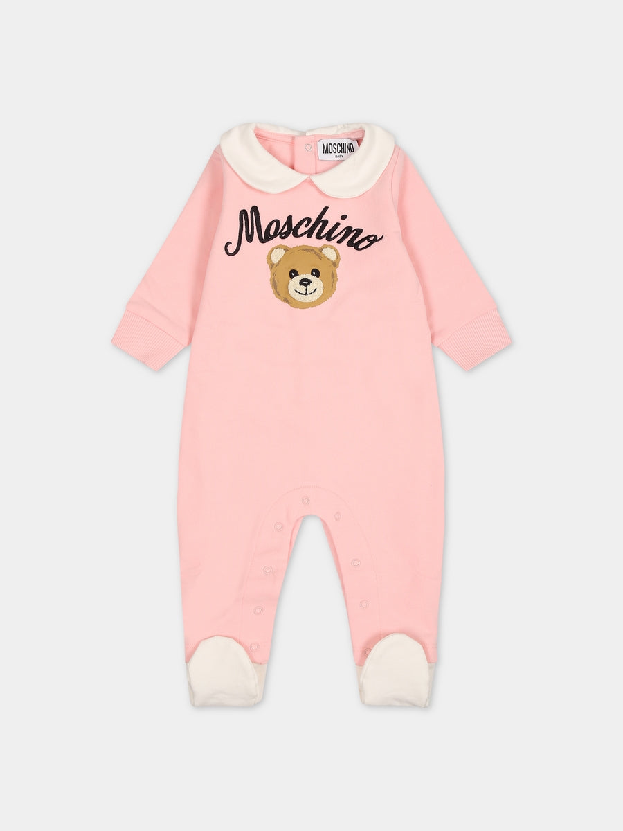 Pink babygrow for baby girl with Teddy Bear and logo